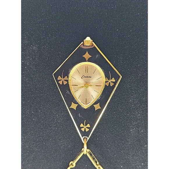 Vintage Endura Swiss Made Black Enamel Clover Pendant Watch Necklace Manual Wind main image 12